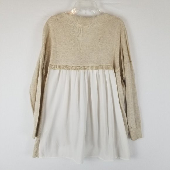 Moth Anthropologie Cream & White Knit Vneck Loose Sweater Chiffon Back sz XS - Picture 3 of 6